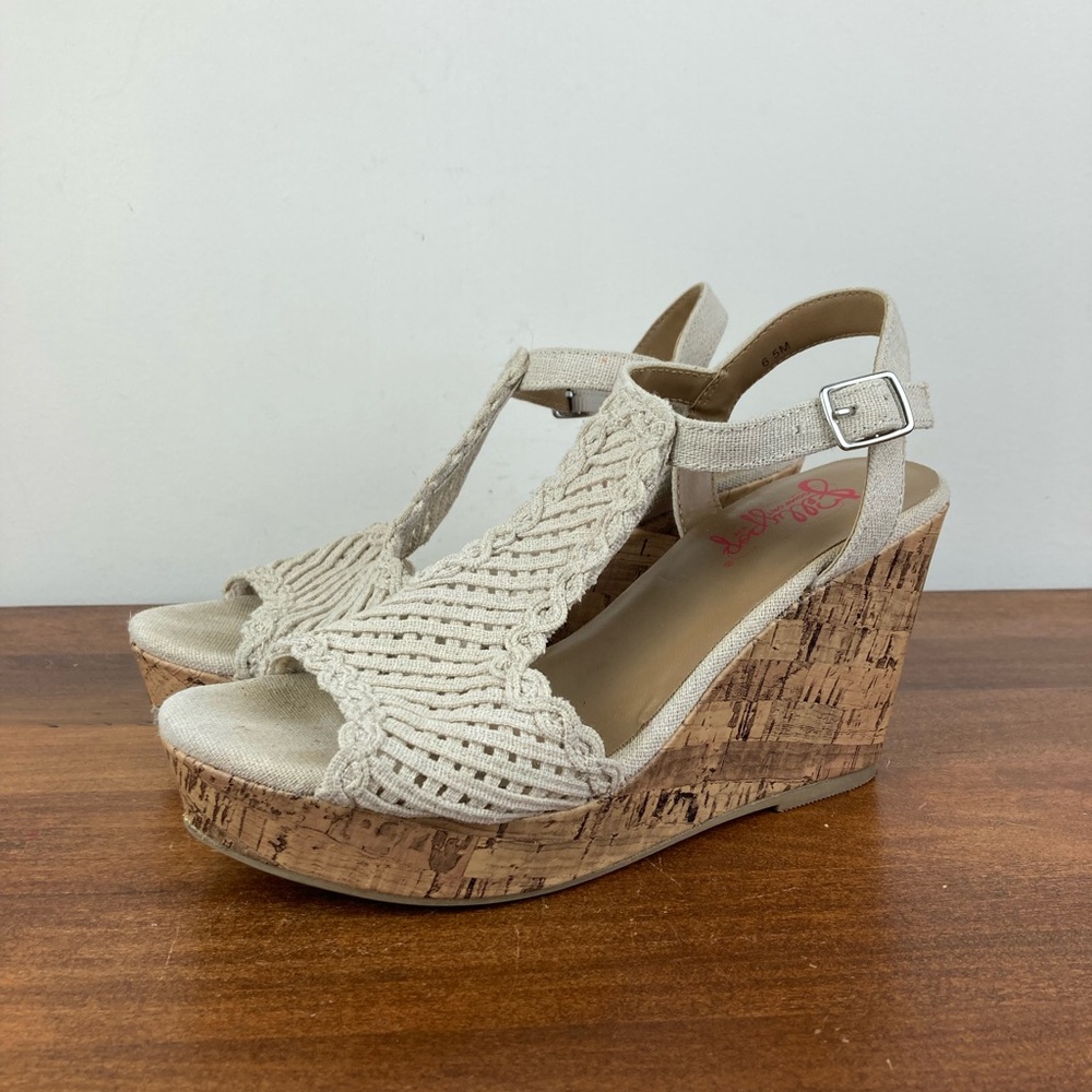 Jellypop Auden Comfort Fit Cork Wedge Sandals Beige Crochet Women’s Size 6.5M.